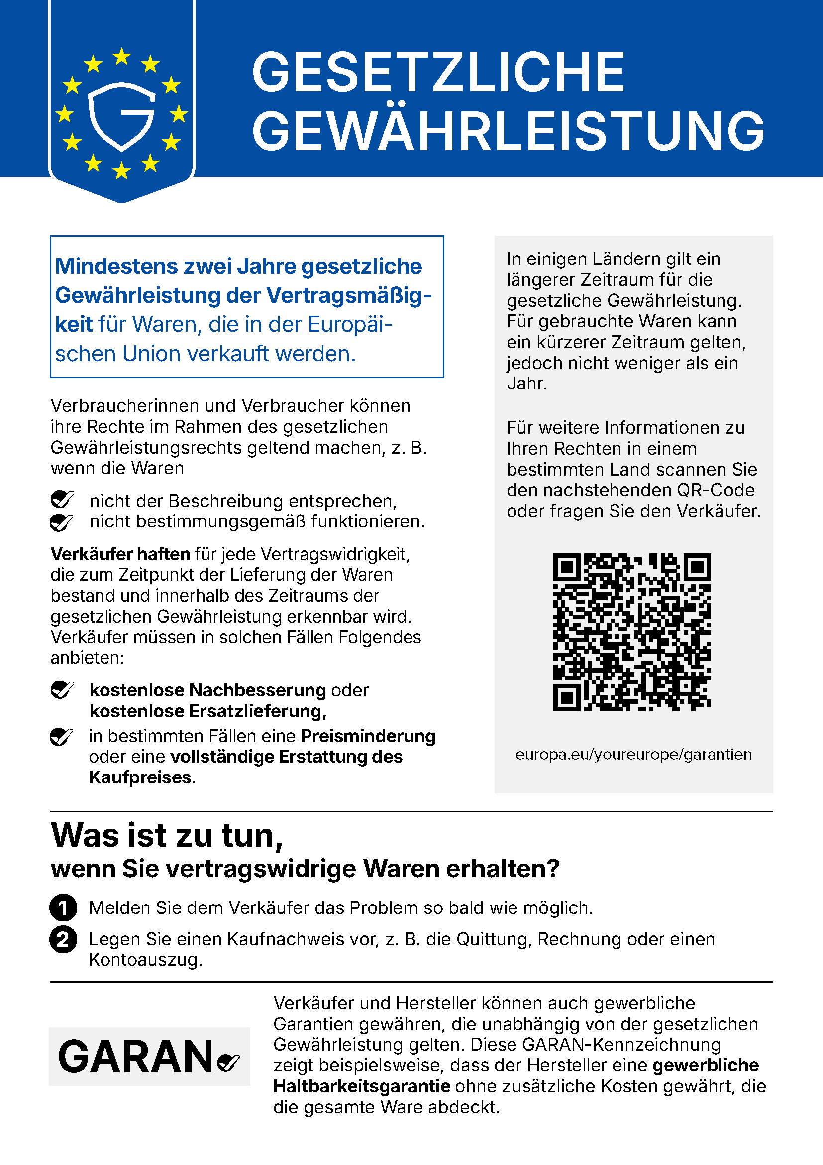 Harmonisierte EU-Mitteilung: Gesetzliche Gewährleistung – mindestens 2 Jahre