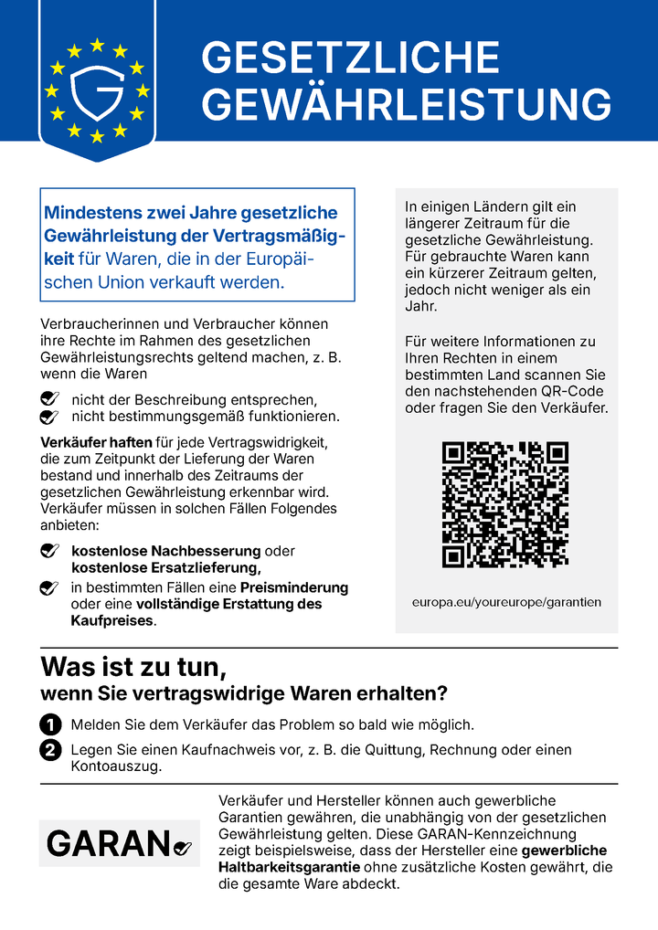 Harmonisierte EU-Mitteilung: Gesetzliche Gewährleistung – mindestens 2 Jahre