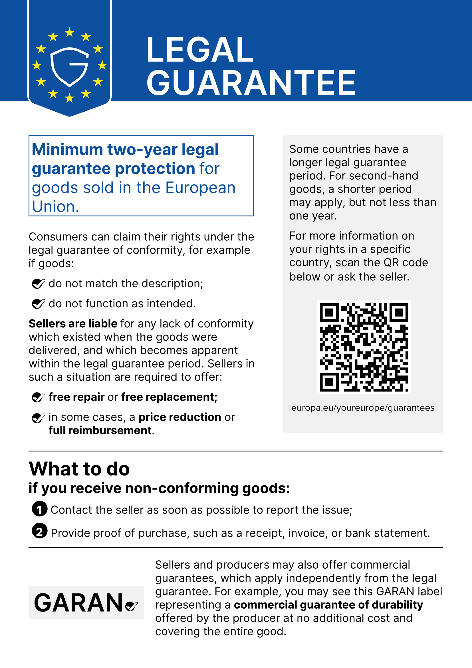 EU harmonised notice: legal guarantee of conformity – at least 2 years