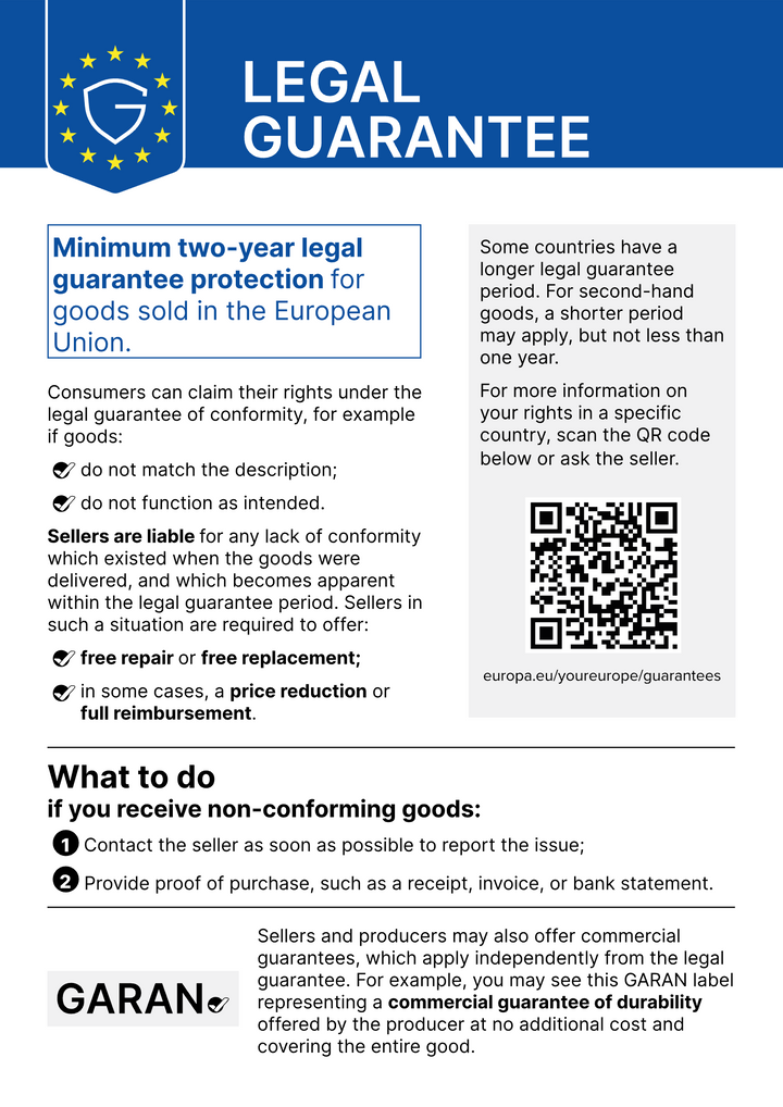 EU harmonised notice: legal guarantee of conformity – at least 2 years